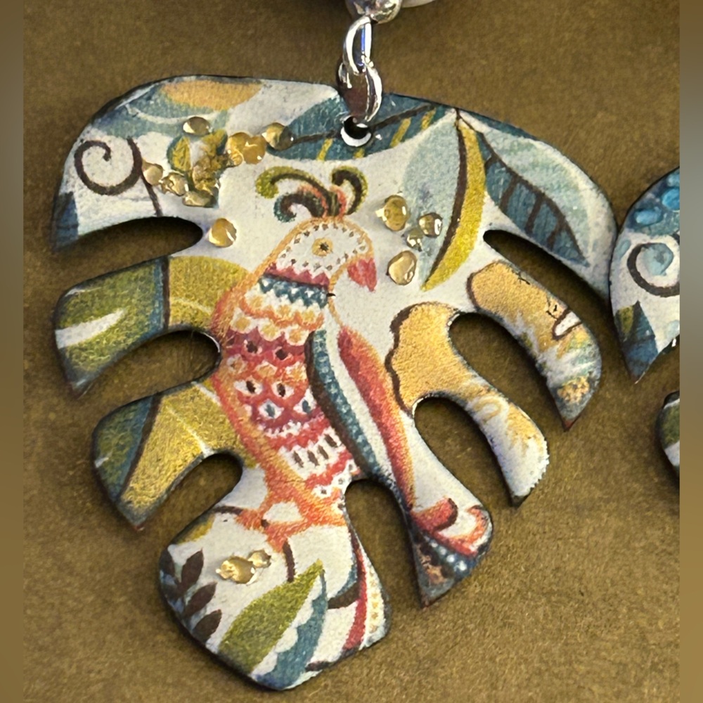 Earrings NWOT Artisan “Cockatiel, too” leaves Enamel Copper, ceramic beads 2.7” - Picture 5 of 14